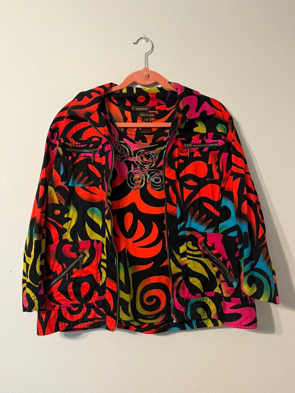 Multiples Neon Abstract Art-to-Wear Twinset Beaded Tank Top & Zip Cargo Jacket